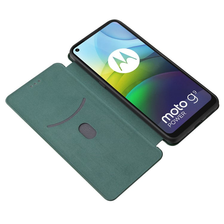 Auto-absorbed Carbon Fiber Leather Case with Card Holder for Motorola Moto G9 Power - Green
