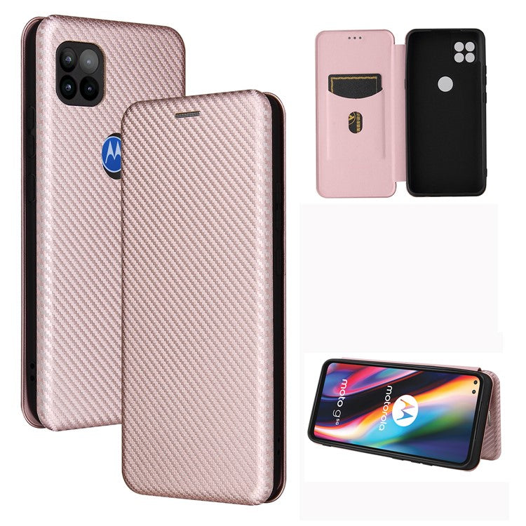 Auto-absorbed Carbon Fiber Leather Cover Case with Card Holder for Motorola Moto G 5G - Pink
