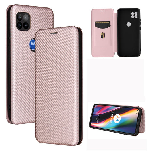 Auto-absorbed Carbon Fiber Leather Cover Case with Card Holder for Motorola Moto G 5G - Pink