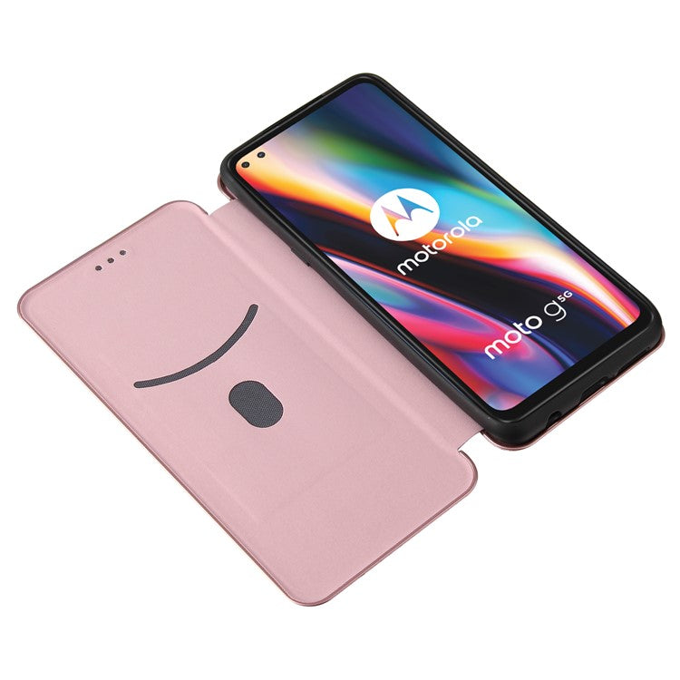 Auto-absorbed Carbon Fiber Leather Cover Case with Card Holder for Motorola Moto G 5G - Pink