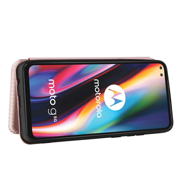Auto-absorbed Carbon Fiber Leather Cover Case with Card Holder for Motorola Moto G 5G - Pink