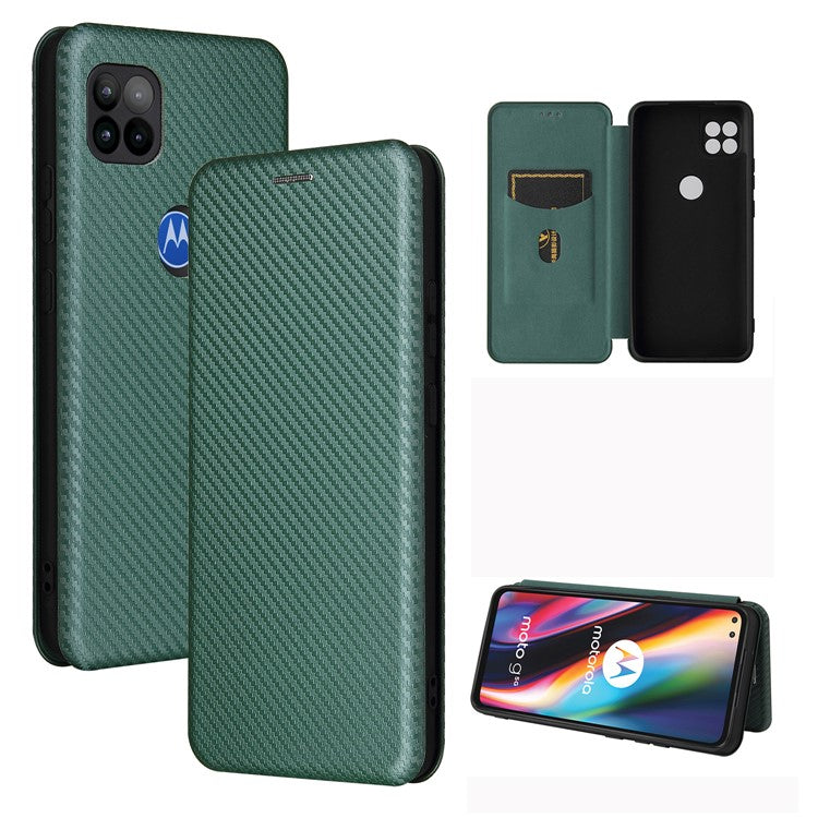Auto-absorbed Carbon Fiber Leather Cover Case with Card Holder for Motorola Moto G 5G - Green
