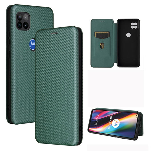 Auto-absorbed Carbon Fiber Leather Cover Case with Card Holder for Motorola Moto G 5G - Green