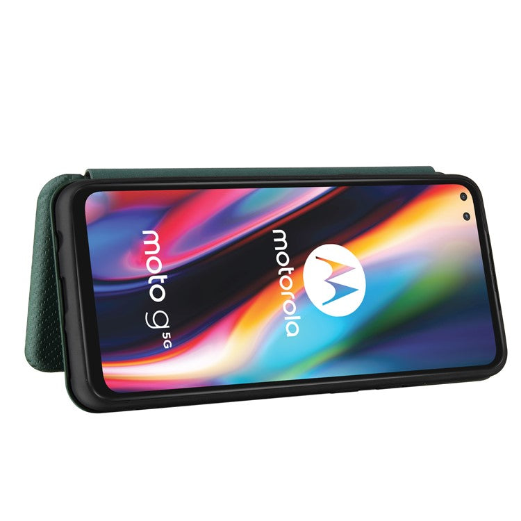 Auto-absorbed Carbon Fiber Leather Cover Case with Card Holder for Motorola Moto G 5G - Green