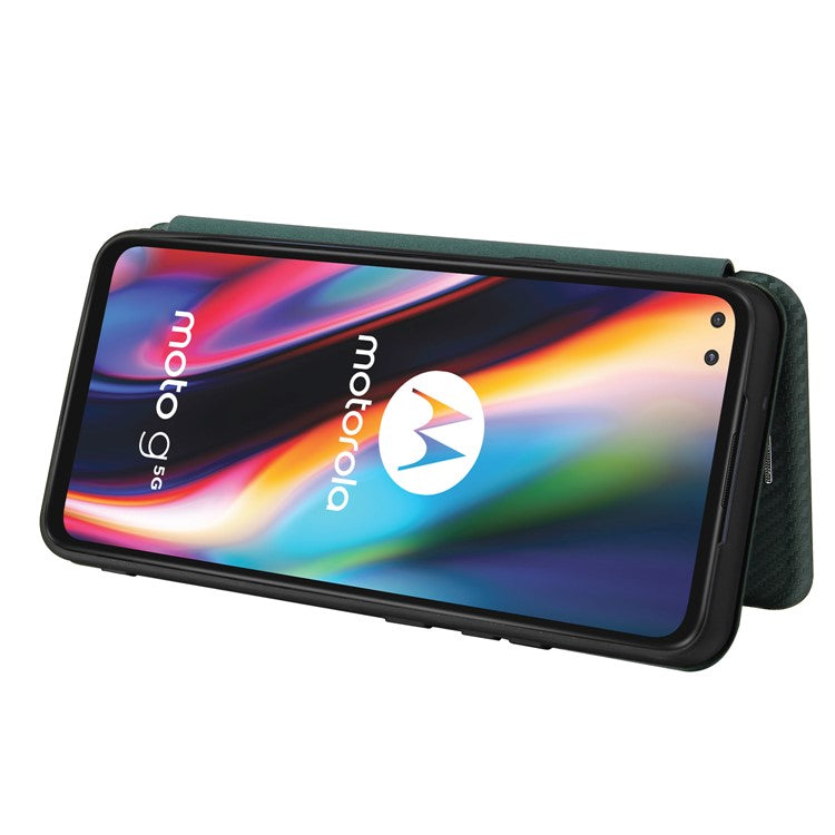 Auto-absorbed Carbon Fiber Leather Cover Case with Card Holder for Motorola Moto G 5G - Green
