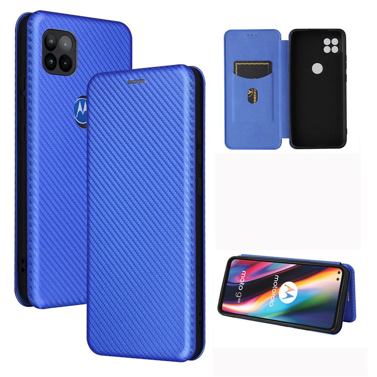 Auto-absorbed Carbon Fiber Leather Cover Case with Card Holder for Motorola Moto G 5G - Blue
