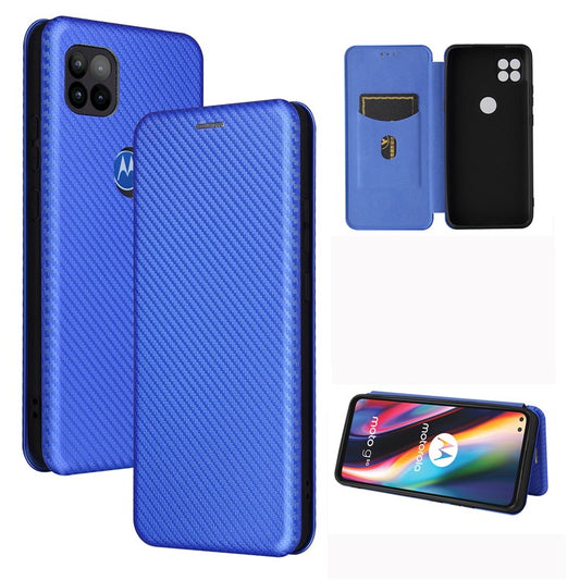 Auto-absorbed Carbon Fiber Leather Cover Case with Card Holder for Motorola Moto G 5G - Blue