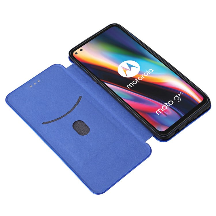 Auto-absorbed Carbon Fiber Leather Cover Case with Card Holder for Motorola Moto G 5G - Blue