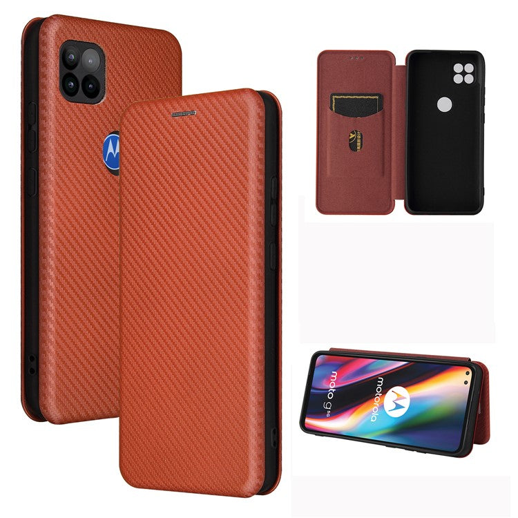 Auto-absorbed Carbon Fiber Leather Cover Case with Card Holder for Motorola Moto G 5G - Brown