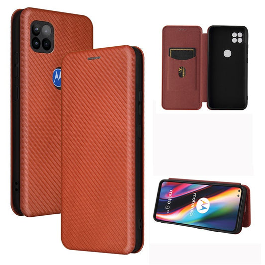 Auto-absorbed Carbon Fiber Leather Cover Case with Card Holder for Motorola Moto G 5G - Brown