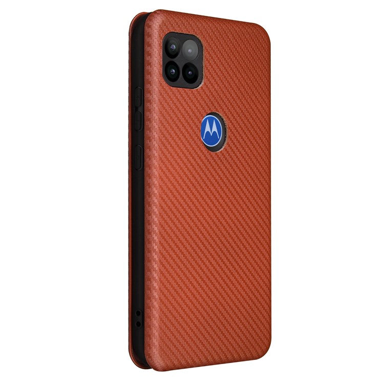 Auto-absorbed Carbon Fiber Leather Cover Case with Card Holder for Motorola Moto G 5G - Brown