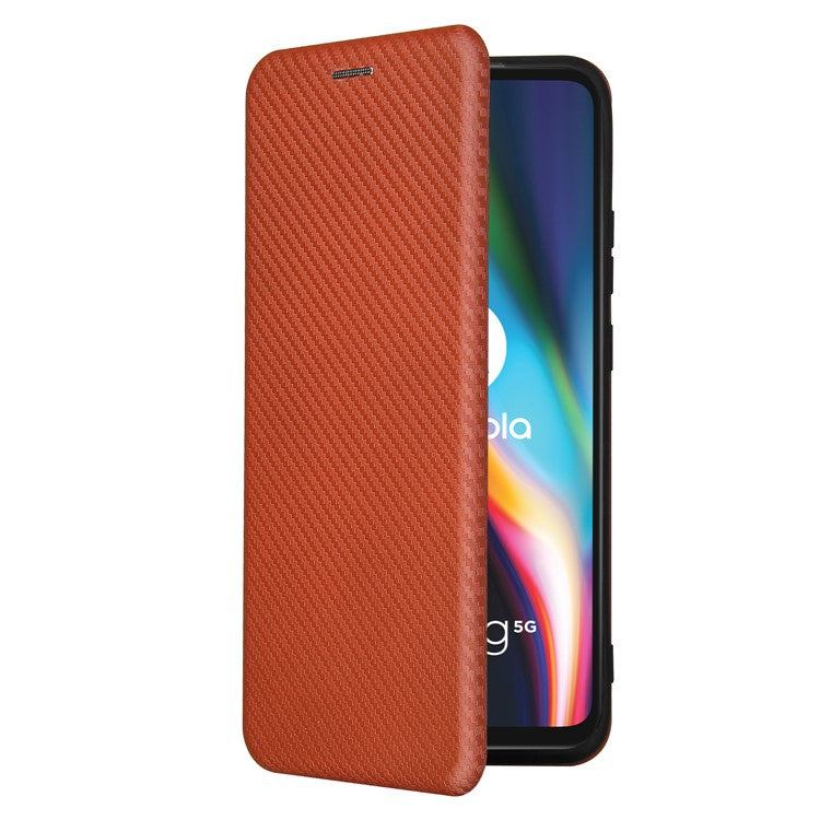 Auto-absorbed Carbon Fiber Leather Cover Case with Card Holder for Motorola Moto G 5G - Brown