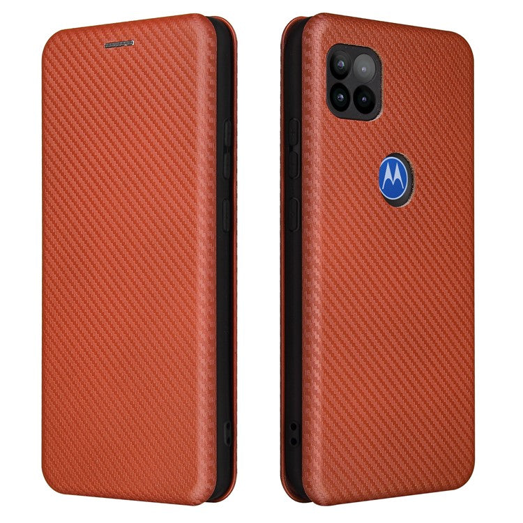 Auto-absorbed Carbon Fiber Leather Cover Case with Card Holder for Motorola Moto G 5G - Brown
