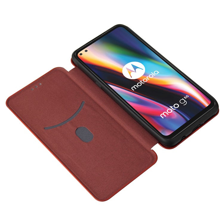 Auto-absorbed Carbon Fiber Leather Cover Case with Card Holder for Motorola Moto G 5G - Brown