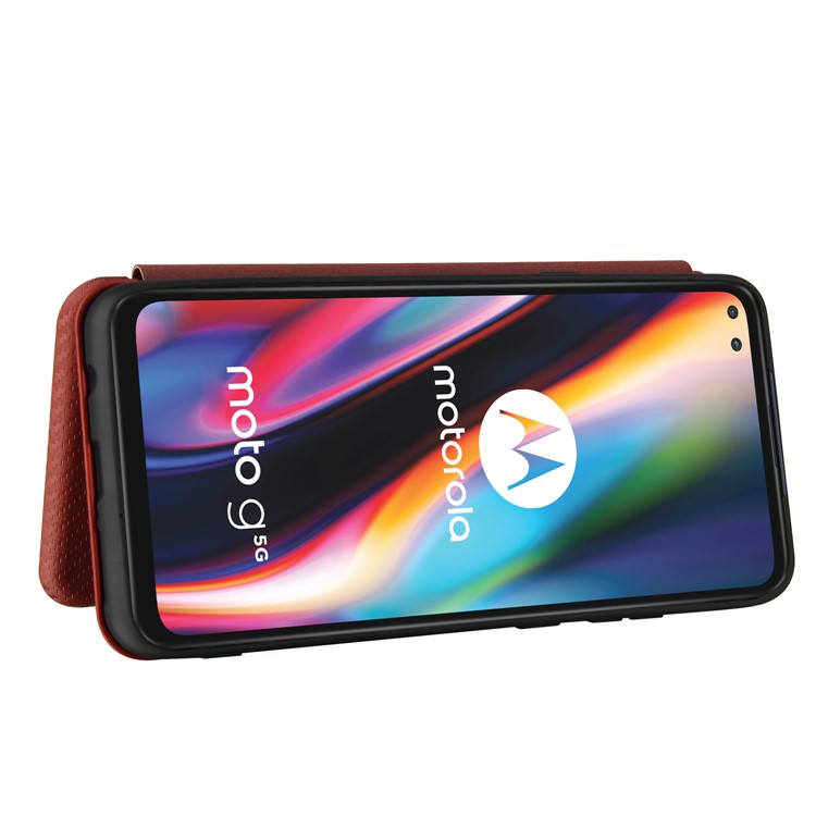 Auto-absorbed Carbon Fiber Leather Cover Case with Card Holder for Motorola Moto G 5G - Brown