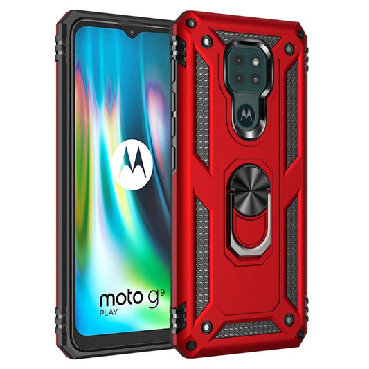 Ring Kickstand Cover for Motorola Moto G9 Play Hybrid PC + TPU Anti-drop Phone Shell - Red