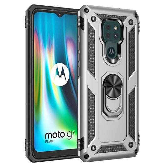 Ring Kickstand Cover for Motorola Moto G9 Play Hybrid PC + TPU Anti-drop Phone Shell - Silver