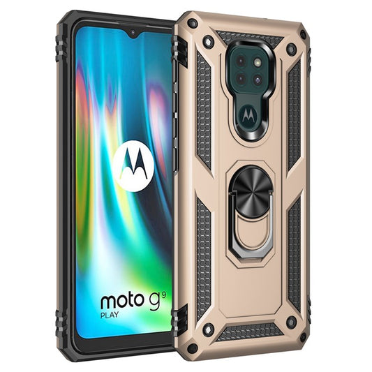 Ring Kickstand Cover for Motorola Moto G9 Play Hybrid PC + TPU Anti-drop Phone Shell - Gold