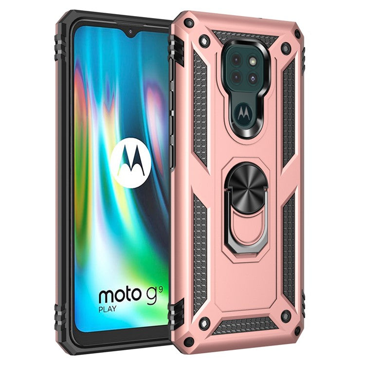 Ring Kickstand Cover for Motorola Moto G9 Play Hybrid PC + TPU Anti-drop Phone Shell - Rose Gold