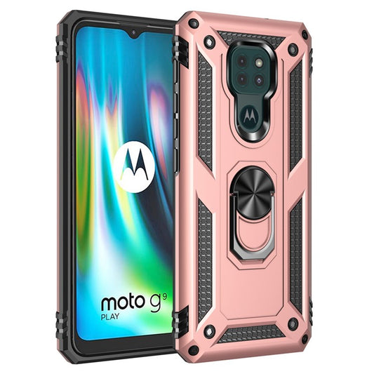 Ring Kickstand Cover for Motorola Moto G9 Play Hybrid PC + TPU Anti-drop Phone Shell - Rose Gold