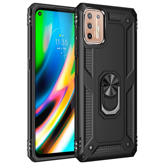 Ring Kickstand Cover for Motorola Moto G9 Plus Hybrid PC + TPU Anti-drop Protective Shell - Black