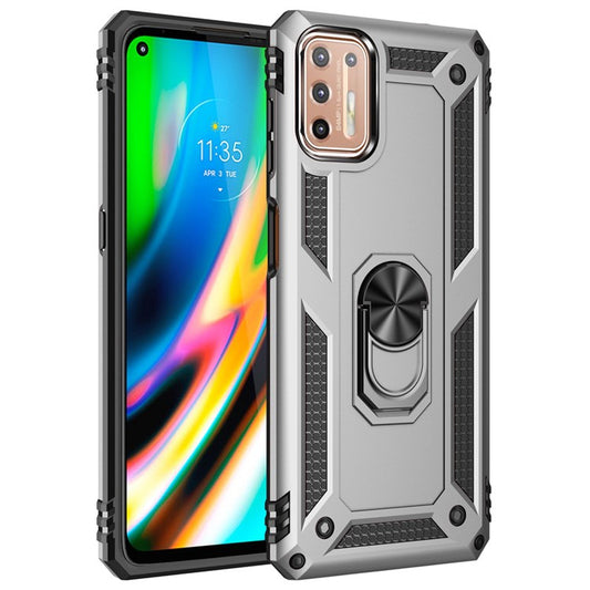 Ring Kickstand Cover for Motorola Moto G9 Plus Hybrid PC + TPU Anti-drop Protective Shell - Silver