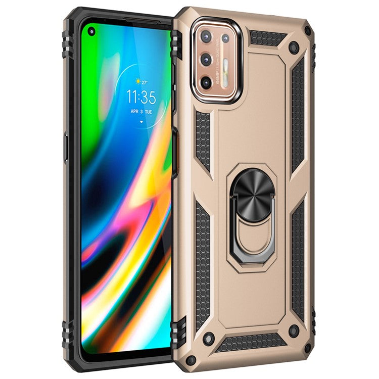 Ring Kickstand Cover for Motorola Moto G9 Plus Hybrid PC + TPU Anti-drop Protective Shell - Gold