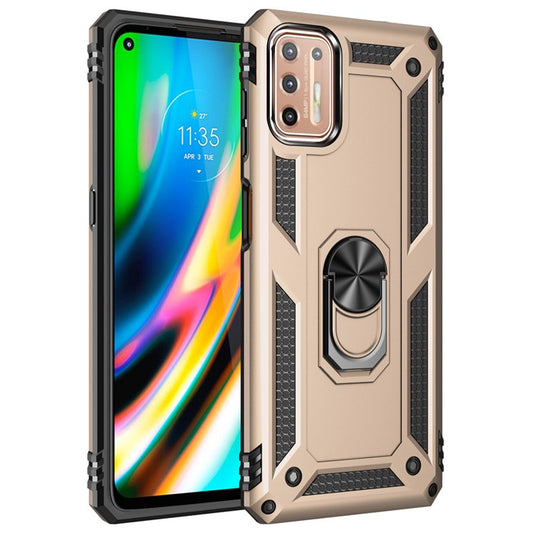 Ring Kickstand Cover for Motorola Moto G9 Plus Hybrid PC + TPU Anti-drop Protective Shell - Gold