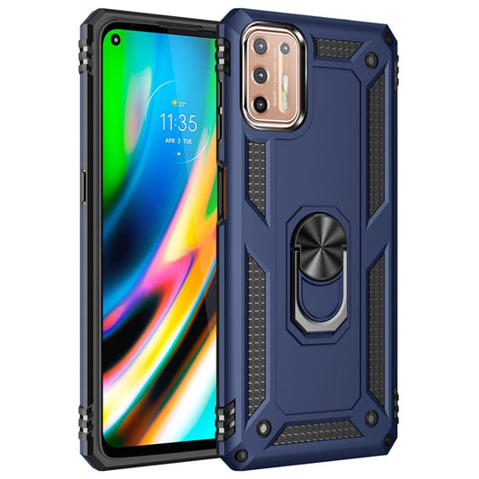 Ring Kickstand Cover for Motorola Moto G9 Plus Hybrid PC + TPU Anti-drop Protective Shell - Blue