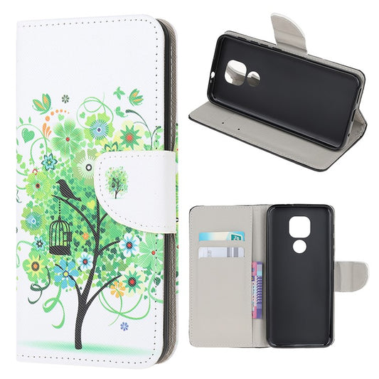 Stand Protector for Motorola Moto E7 Printing Cross Texture Leather Cover - Green Tree