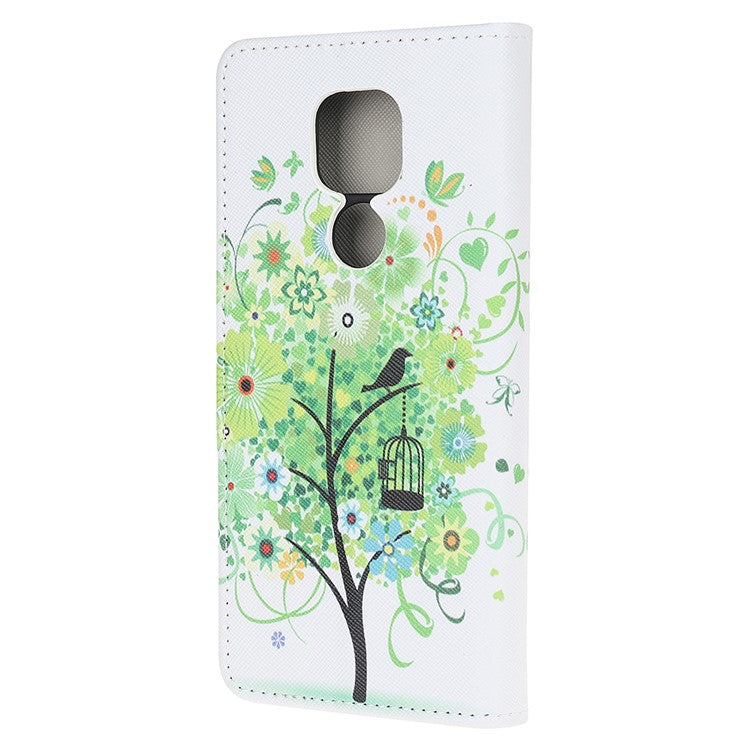 Stand Protector for Motorola Moto E7 Printing Cross Texture Leather Cover - Green Tree