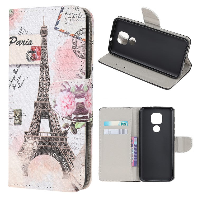 Stand Protector for Motorola Moto E7 Printing Cross Texture Leather Cover - Eiffel Tower