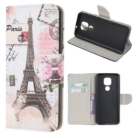 Stand Protector for Motorola Moto E7 Printing Cross Texture Leather Cover - Eiffel Tower