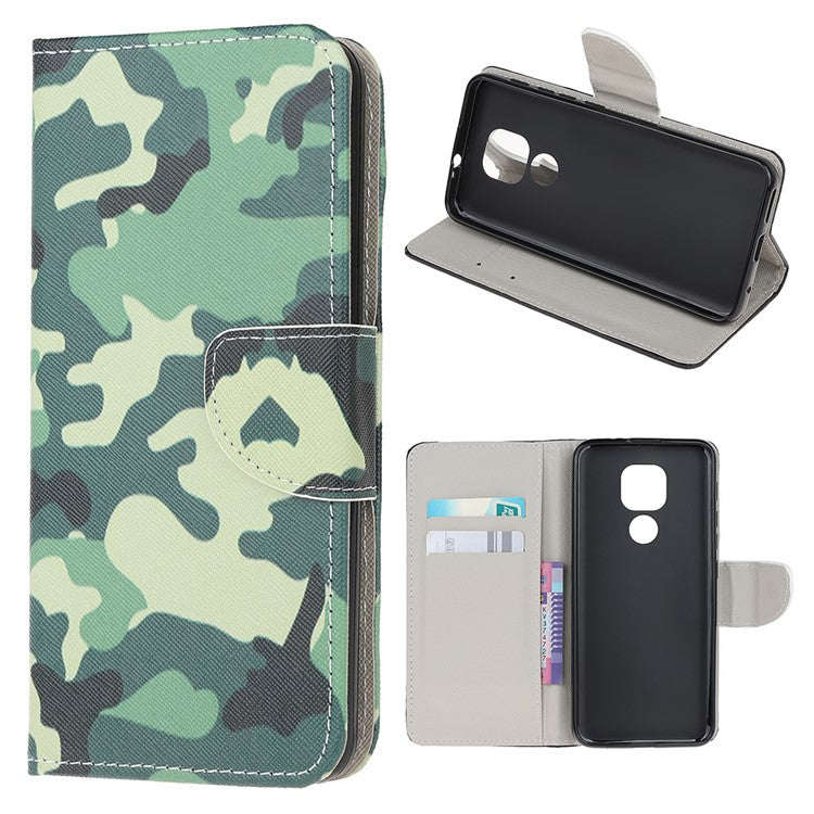Stand Protector for Motorola Moto E7 Printing Cross Texture Leather Cover - Camouflage Pattern