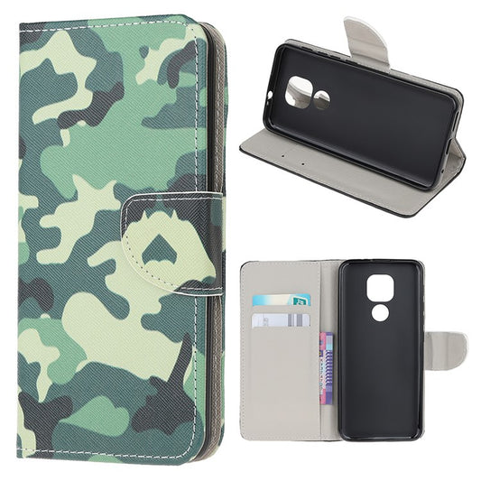 Stand Protector for Motorola Moto E7 Printing Cross Texture Leather Cover - Camouflage Pattern