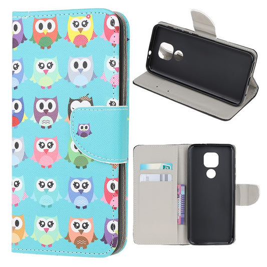 Stand Protector for Motorola Moto E7 Printing Cross Texture Leather Cover - Owls