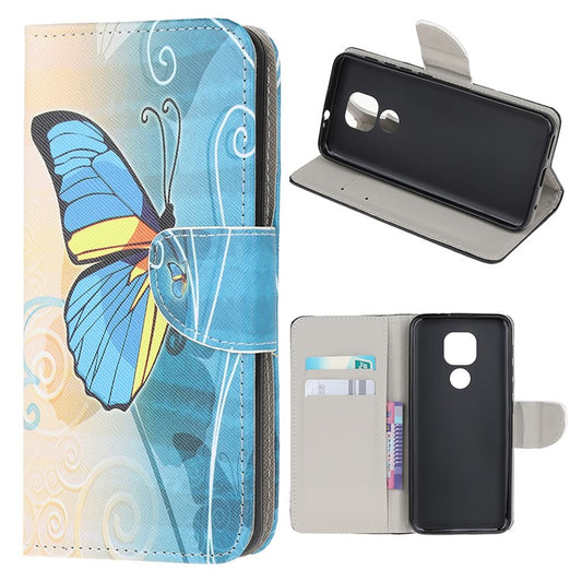 Stand Protector for Motorola Moto E7 Printing Cross Texture Leather Cover - Blue Butterfly