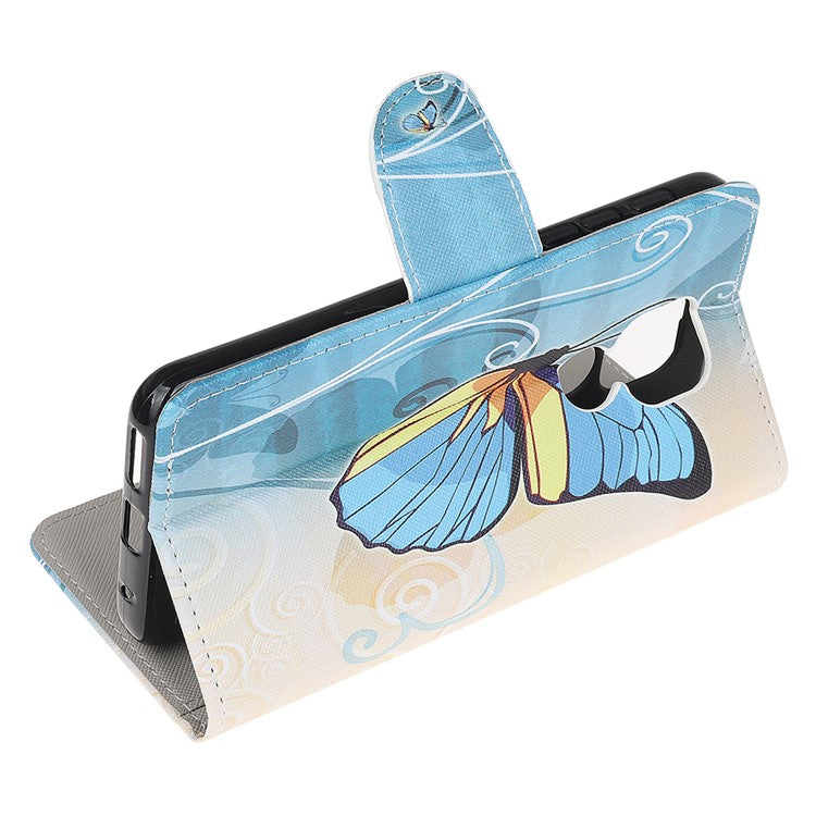Stand Protector for Motorola Moto E7 Printing Cross Texture Leather Cover - Blue Butterfly