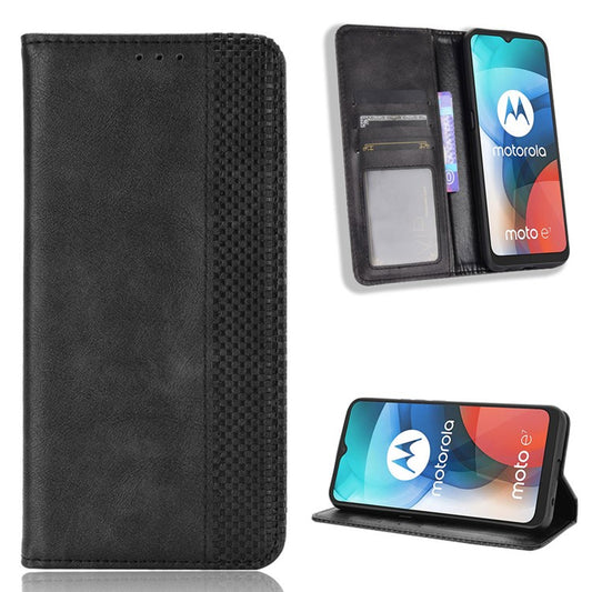 Vintage Style Wallet Stand Leather Phone Cover for Motorola Moto E7 - Black