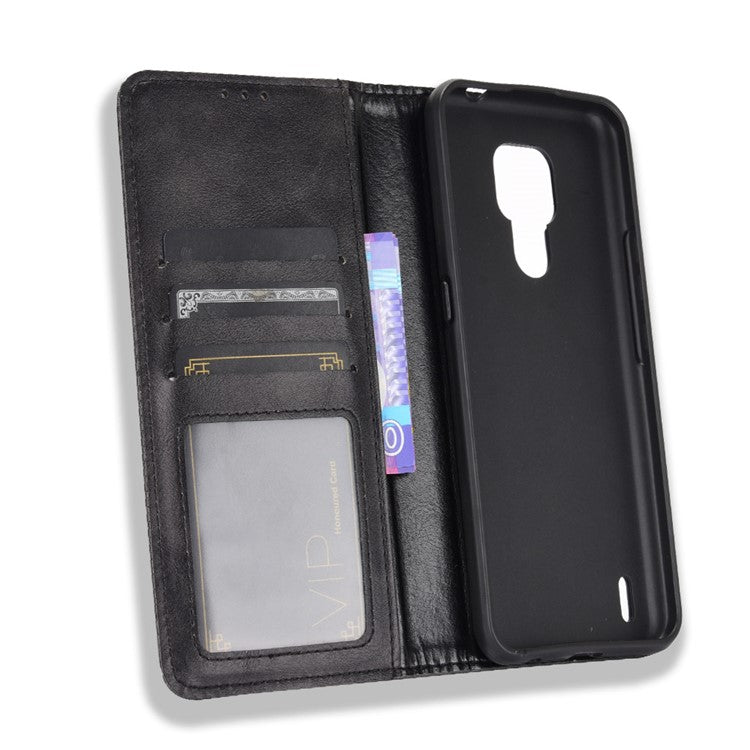 Vintage Style Wallet Stand Leather Phone Cover for Motorola Moto E7 - Black