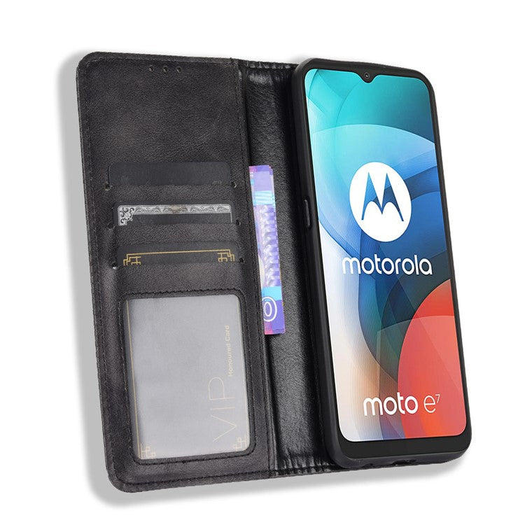 Vintage Style Wallet Stand Leather Phone Cover for Motorola Moto E7 - Black