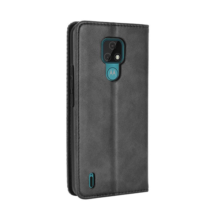 Vintage Style Wallet Stand Leather Phone Cover for Motorola Moto E7 - Black