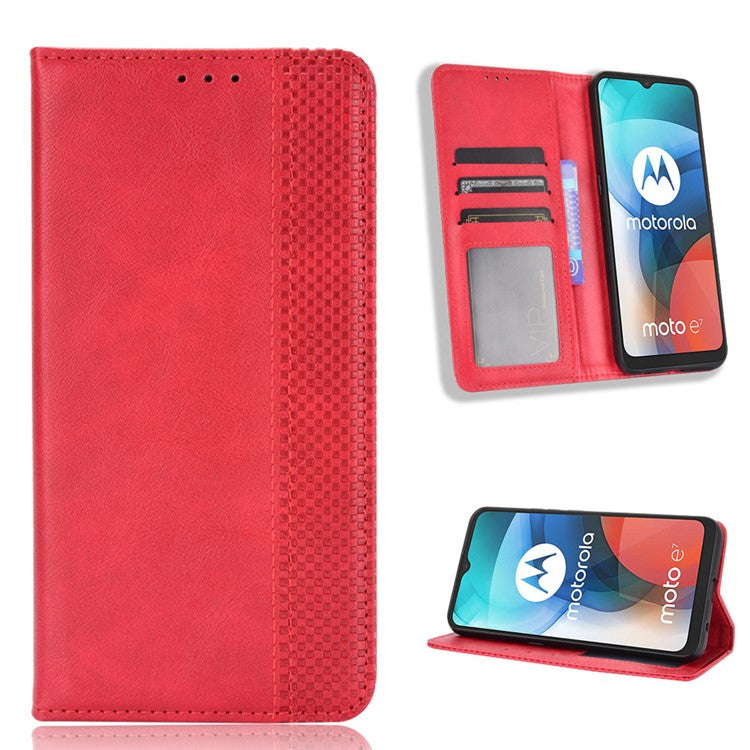 Vintage Style Wallet Stand Leather Phone Cover for Motorola Moto E7 - Red