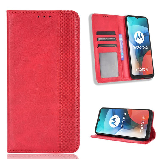 Vintage Style Wallet Stand Leather Phone Cover for Motorola Moto E7 - Red
