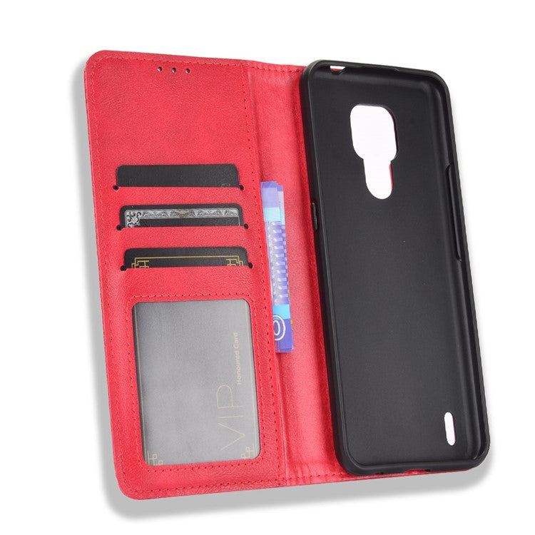 Vintage Style Wallet Stand Leather Phone Cover for Motorola Moto E7 - Red