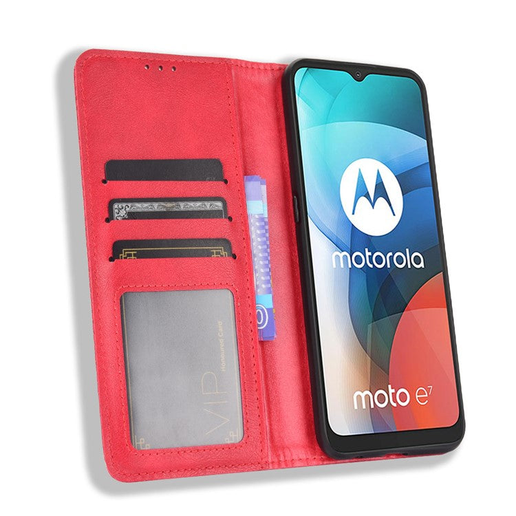 Vintage Style Wallet Stand Leather Phone Cover for Motorola Moto E7 - Red
