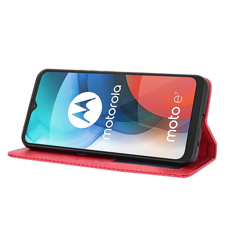Vintage Style Wallet Stand Leather Phone Cover for Motorola Moto E7 - Red