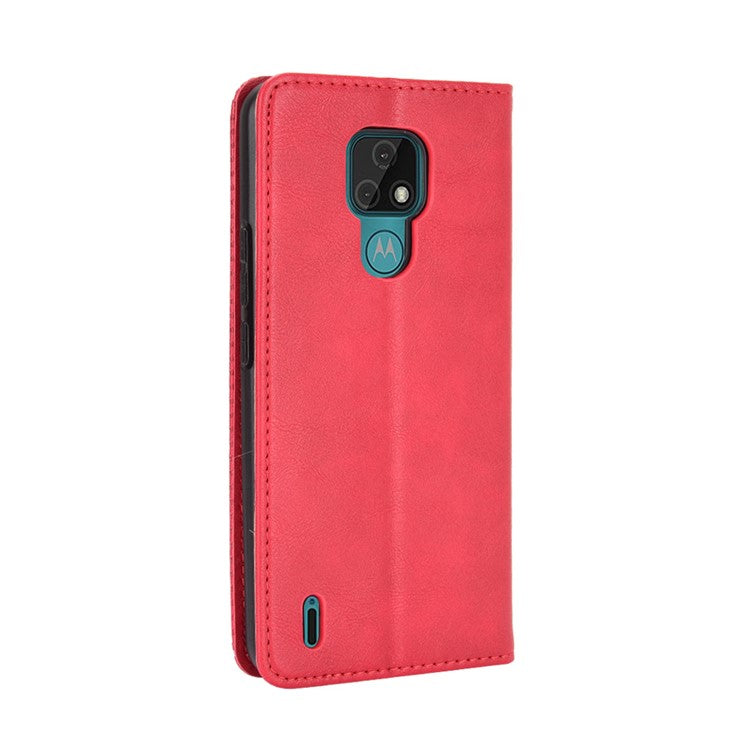 Vintage Style Wallet Stand Leather Phone Cover for Motorola Moto E7 - Red
