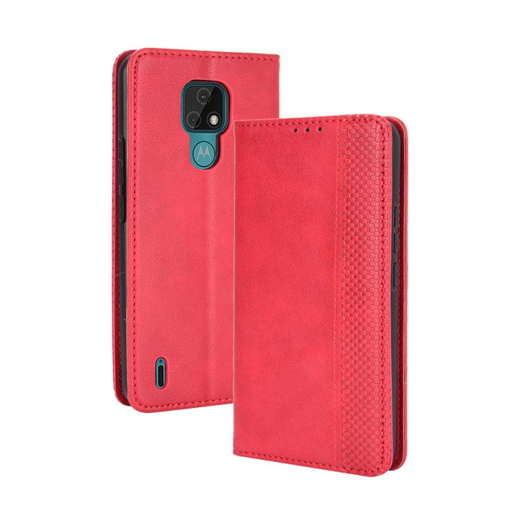 Vintage Style Wallet Stand Leather Phone Cover for Motorola Moto E7 - Red