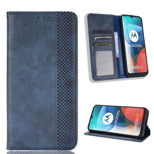 Vintage Style Wallet Stand Leather Phone Cover for Motorola Moto E7 - Blue
